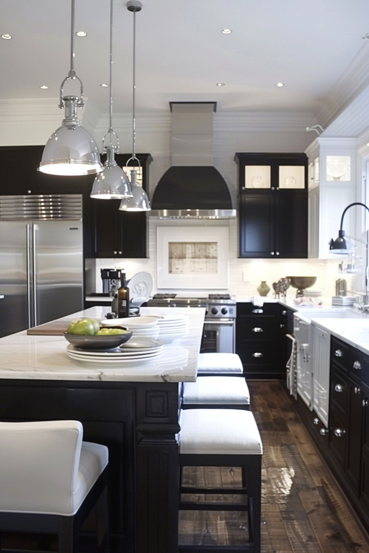 Black and white kitchen with silver pendant lights and hardware.