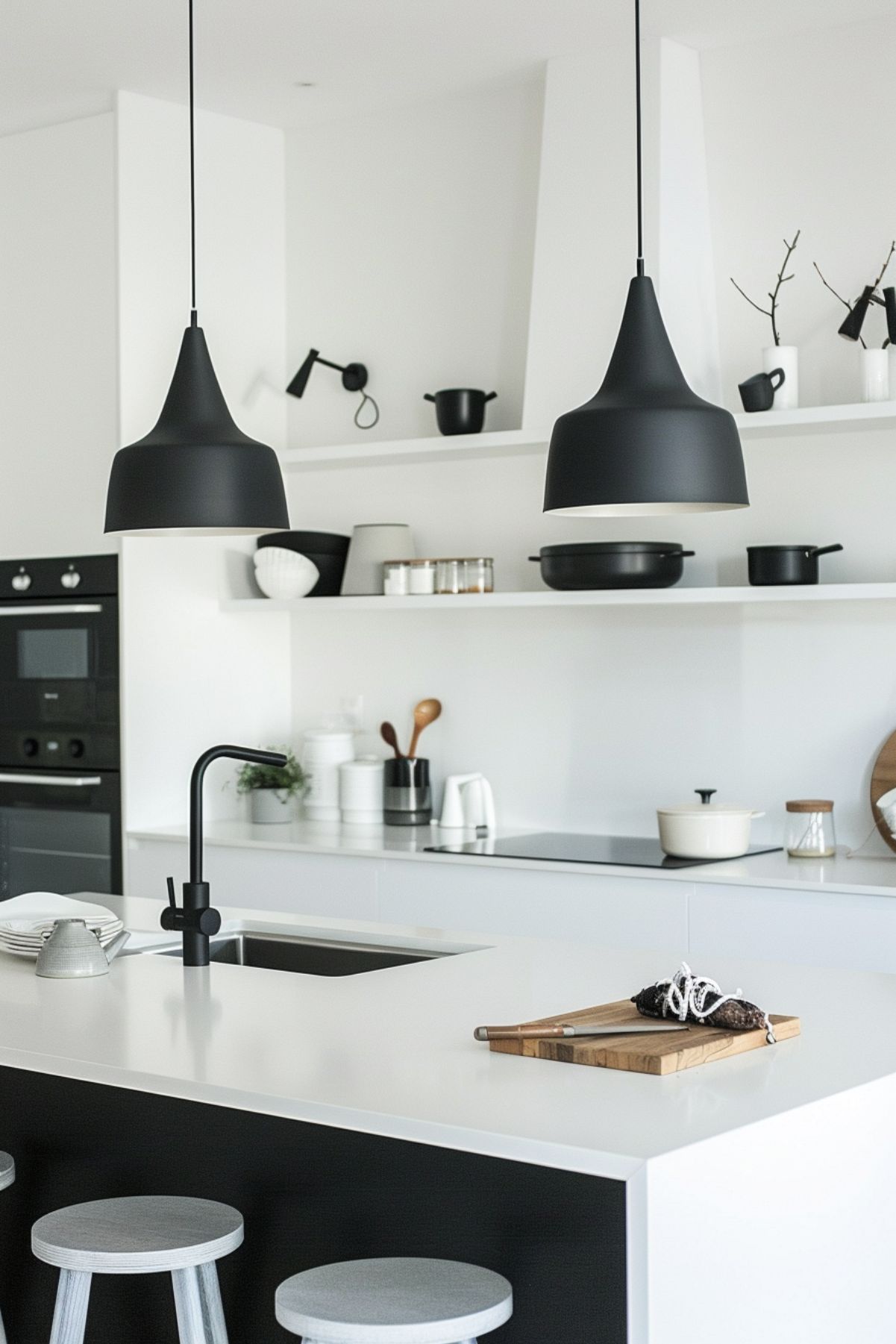 Black and white kitchen with white island, white stools, and black pendant lights.