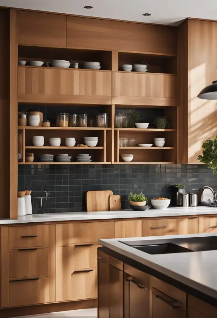 Kitchen featuring wooden cabinetry paired with a dark tile backsplash.