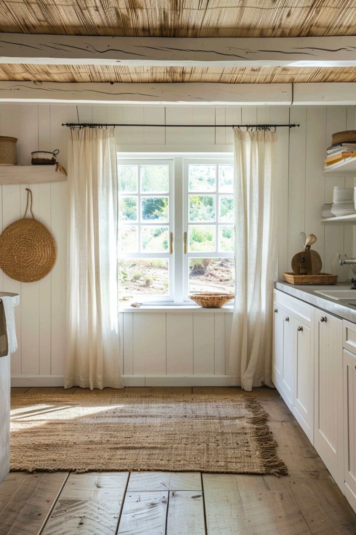 Rustic kitchen with white cabinetry, woven rug, and exposed wooden beams.