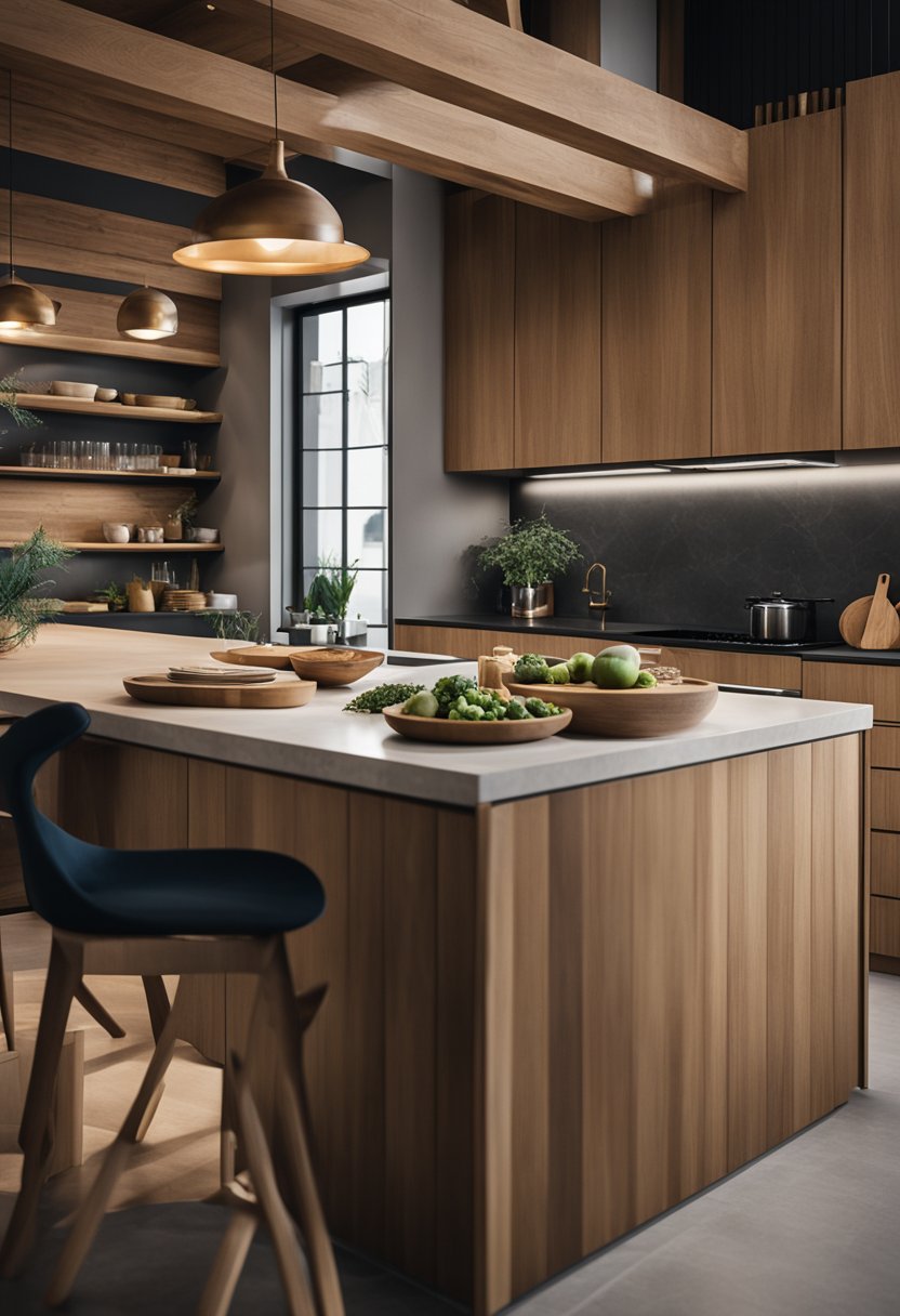 Modern kitchen with wooden cabinetry and island.