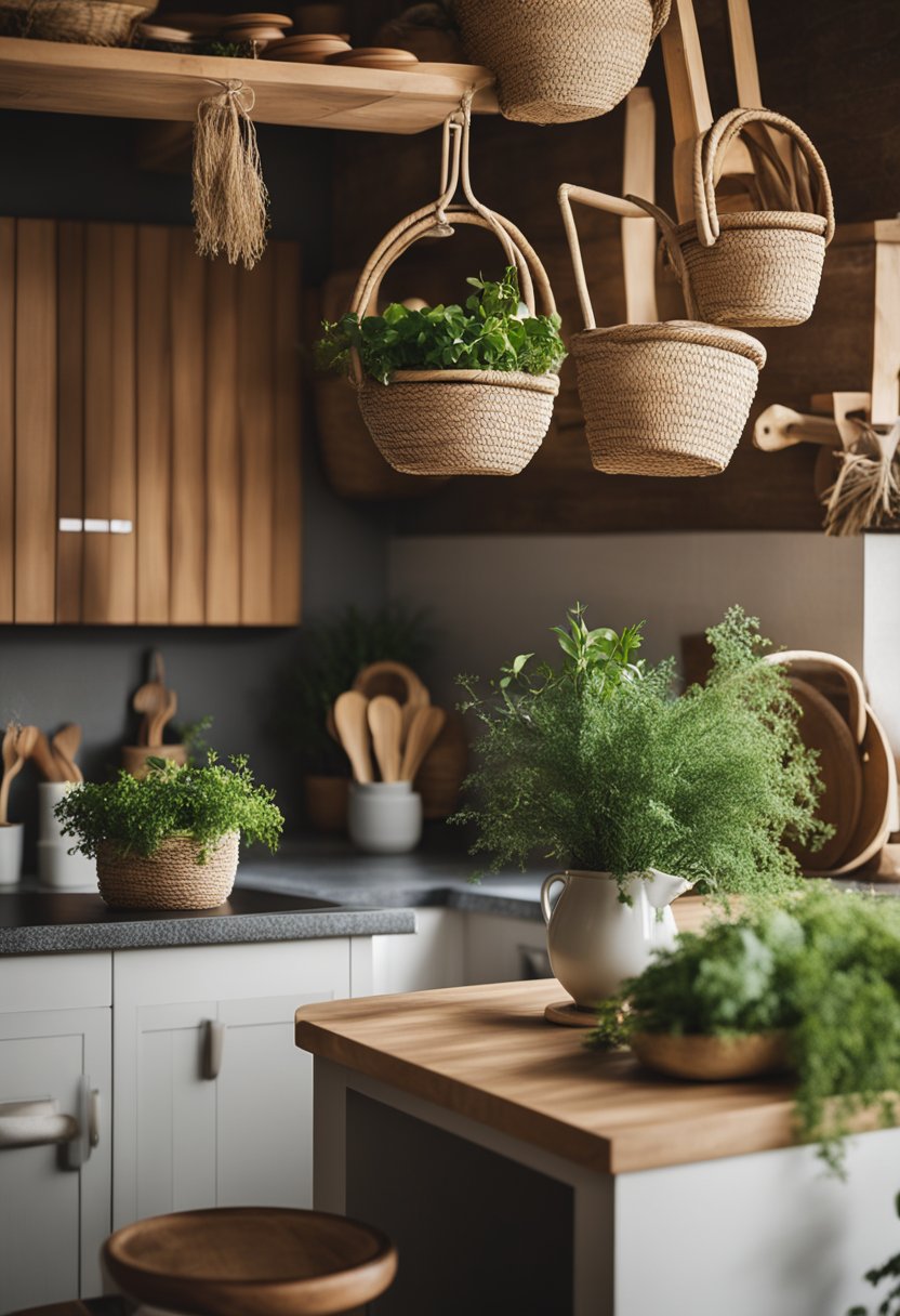Kitchen with hanging woven baskets above the counter.
