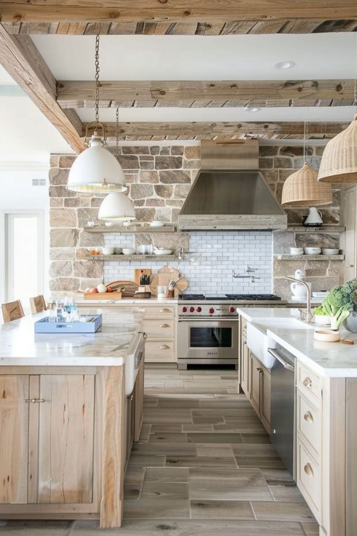 Contemporary kitchen featuring light wood cabinets, stone island, and woven pendant lights.
