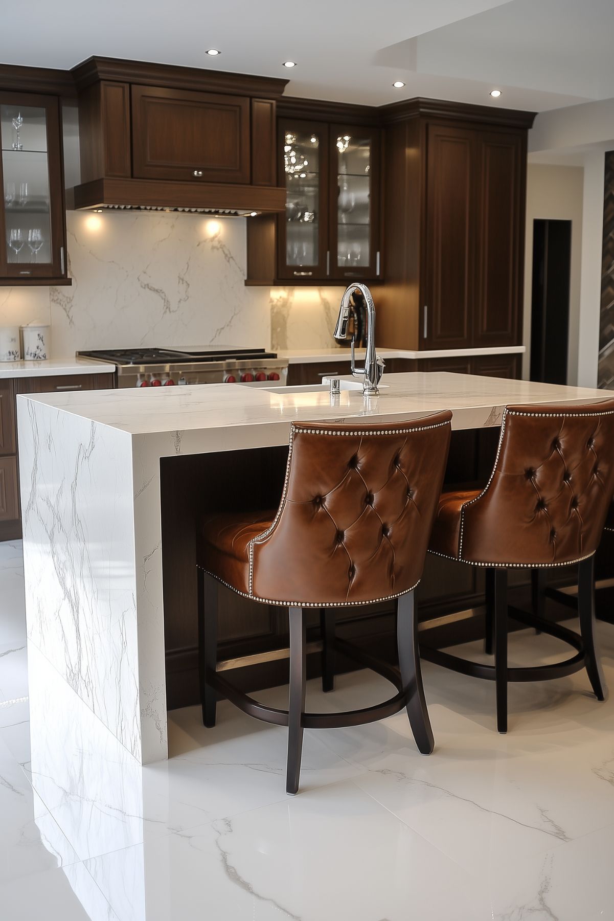 Sophisticated kitchen island with a polished quartz countertop and dark cabinetry.