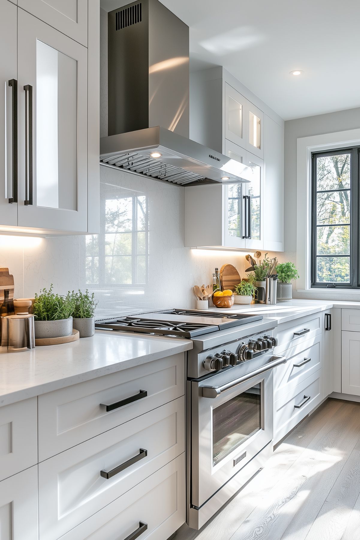 Bright kitchen with quartz countertops, highlighting eco-conscious design elements.