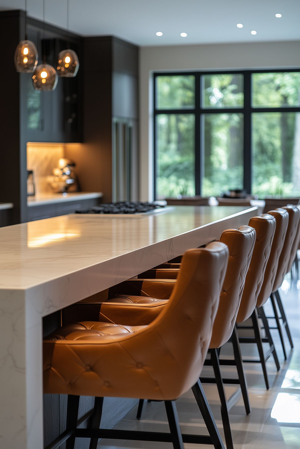 Modern kitchen featuring a white marble island contrasted with dark cabinetry and leather bar stools.