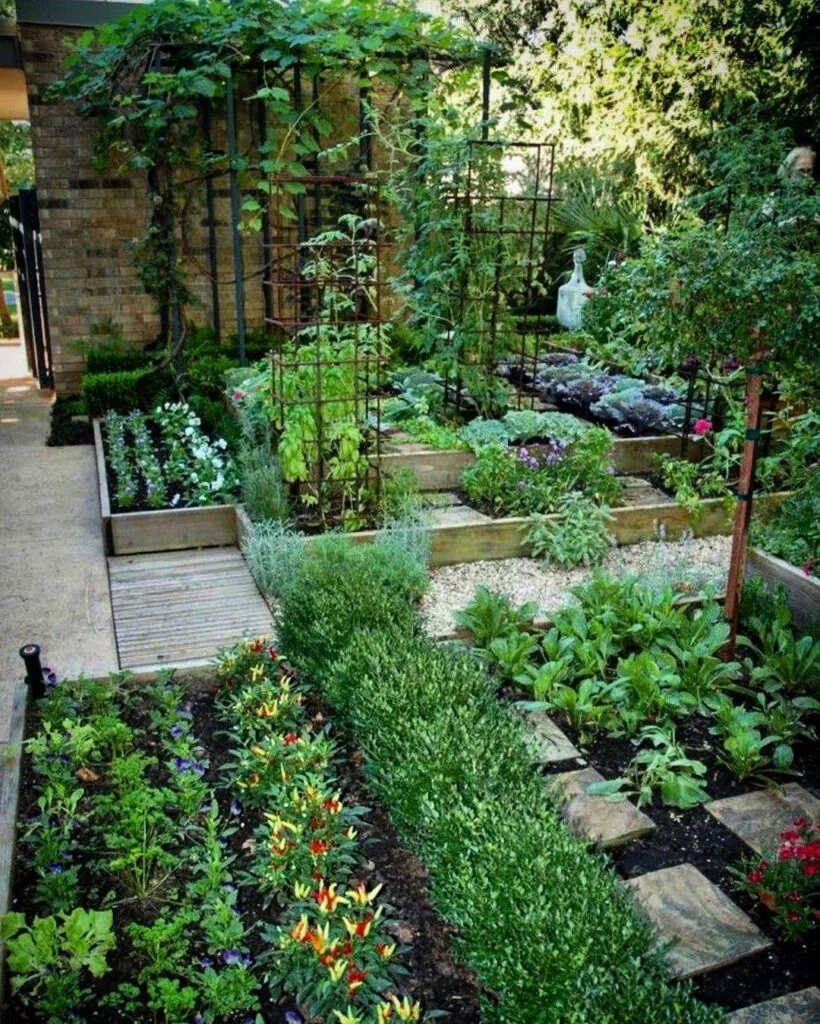 Tiered vertical garden with stone pathways