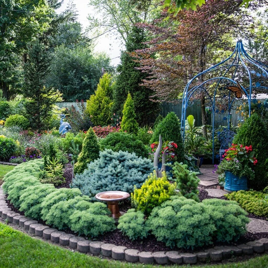 Circular raised bed with dwarf conifers and blue arbor