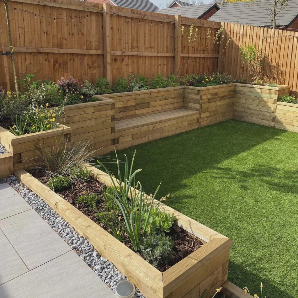 Tiered wooden planters with built-in seating