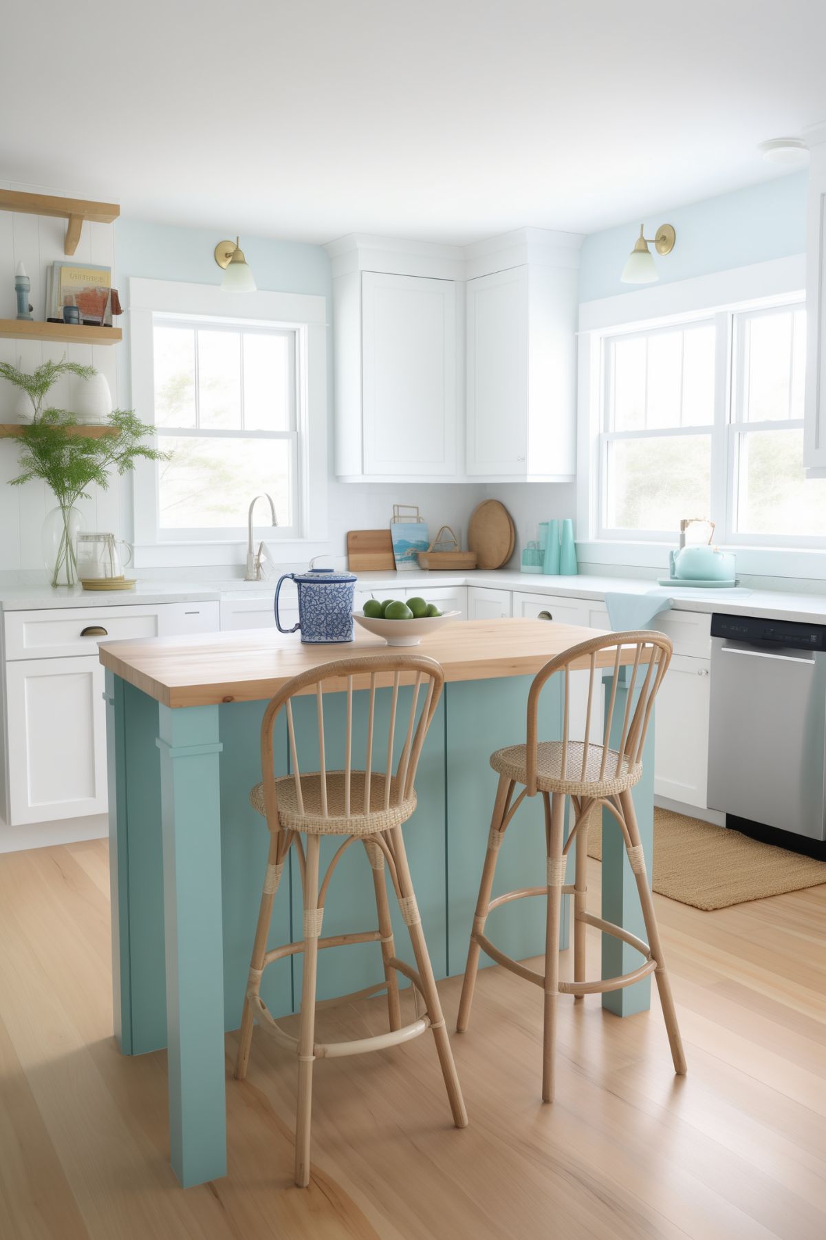 Coastal kitchen with soft blue and white hues, featuring a central island painted in light blue, white cabinetry, open shelves adorned with decor, and light wood stools. Natural light streams through expansive windows.