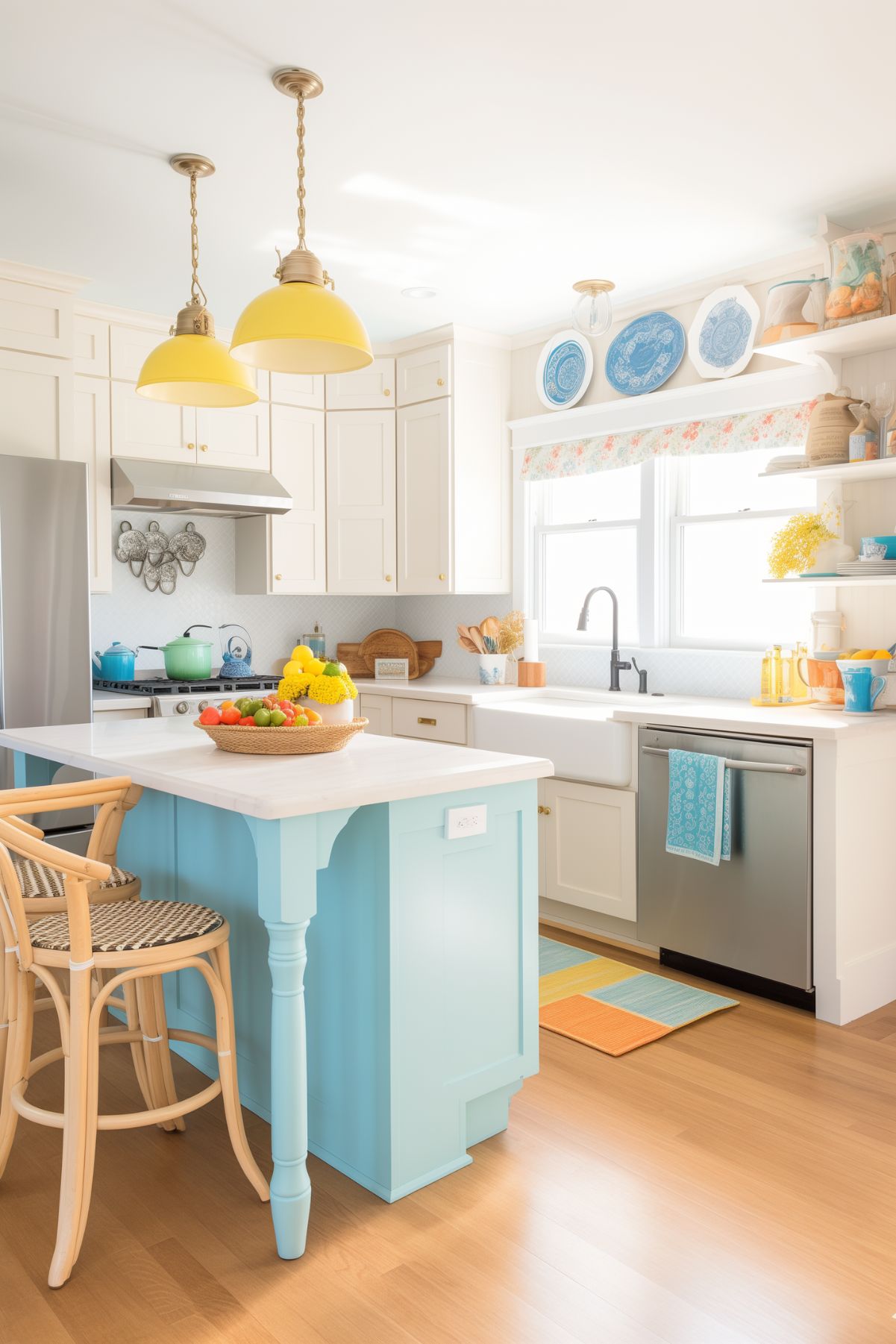Coastal kitchen with cheerful light blue cabinets, white countertops, yellow pendant lights, open shelves displaying blue and white dishes, and a basket of fresh produce on the island.