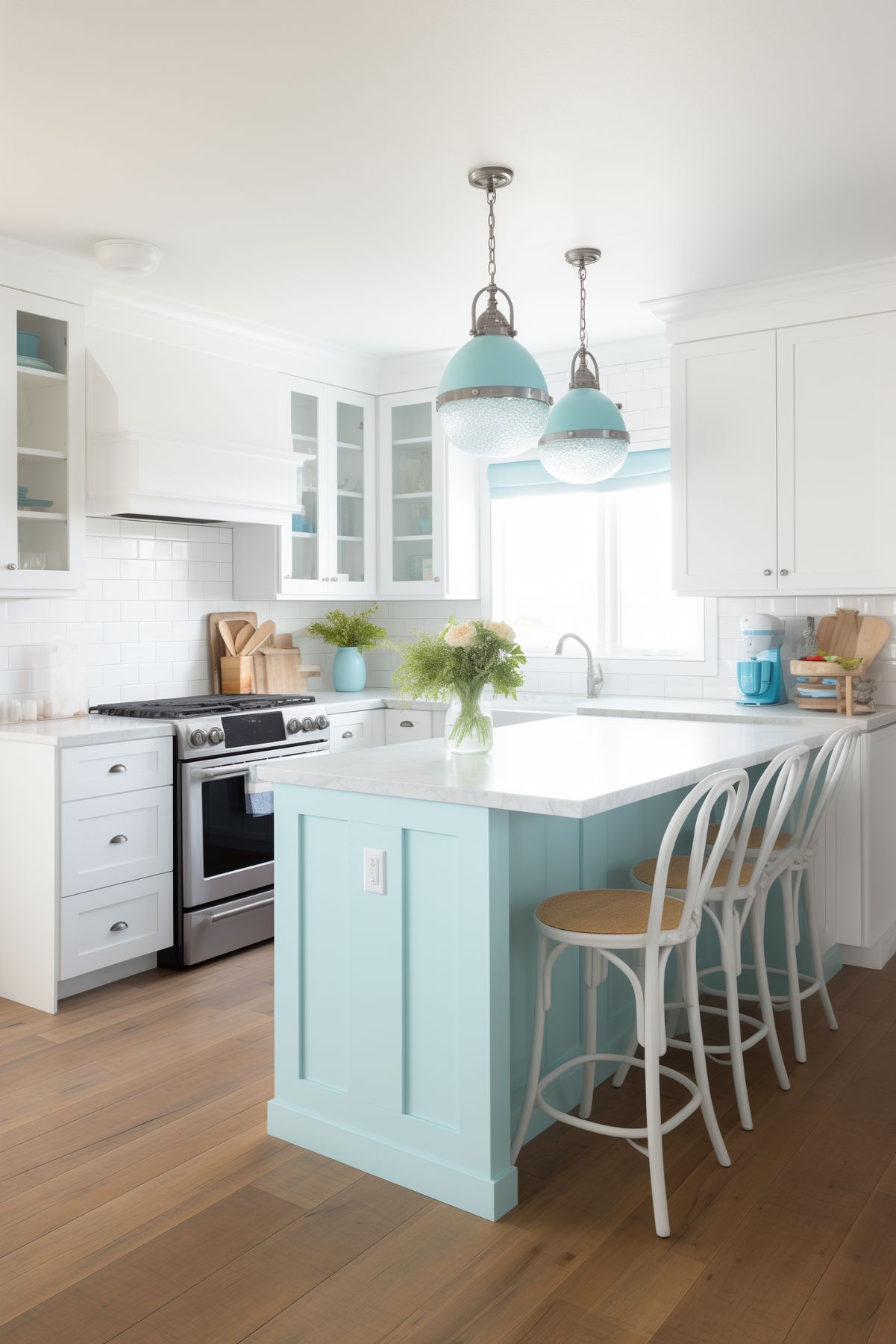 Coastal kitchen with white cabinets, a light blue island, pendant lights, stainless steel appliances, glass-front cabinets, and wooden bar stools, accented with fresh flowers.