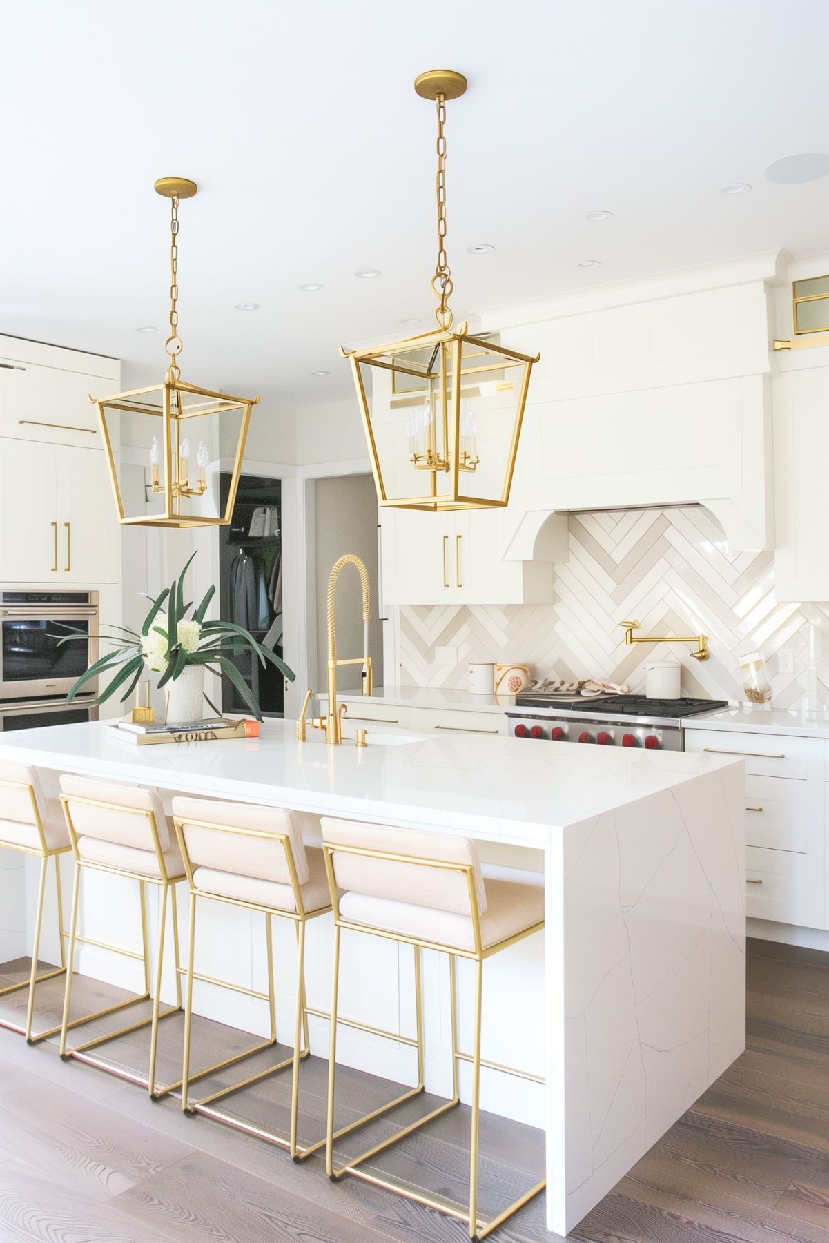 Bright kitchen with a white island, brass bar stools, large brass pendant lights, and a herringbone tile backsplash emphasizing modern design.