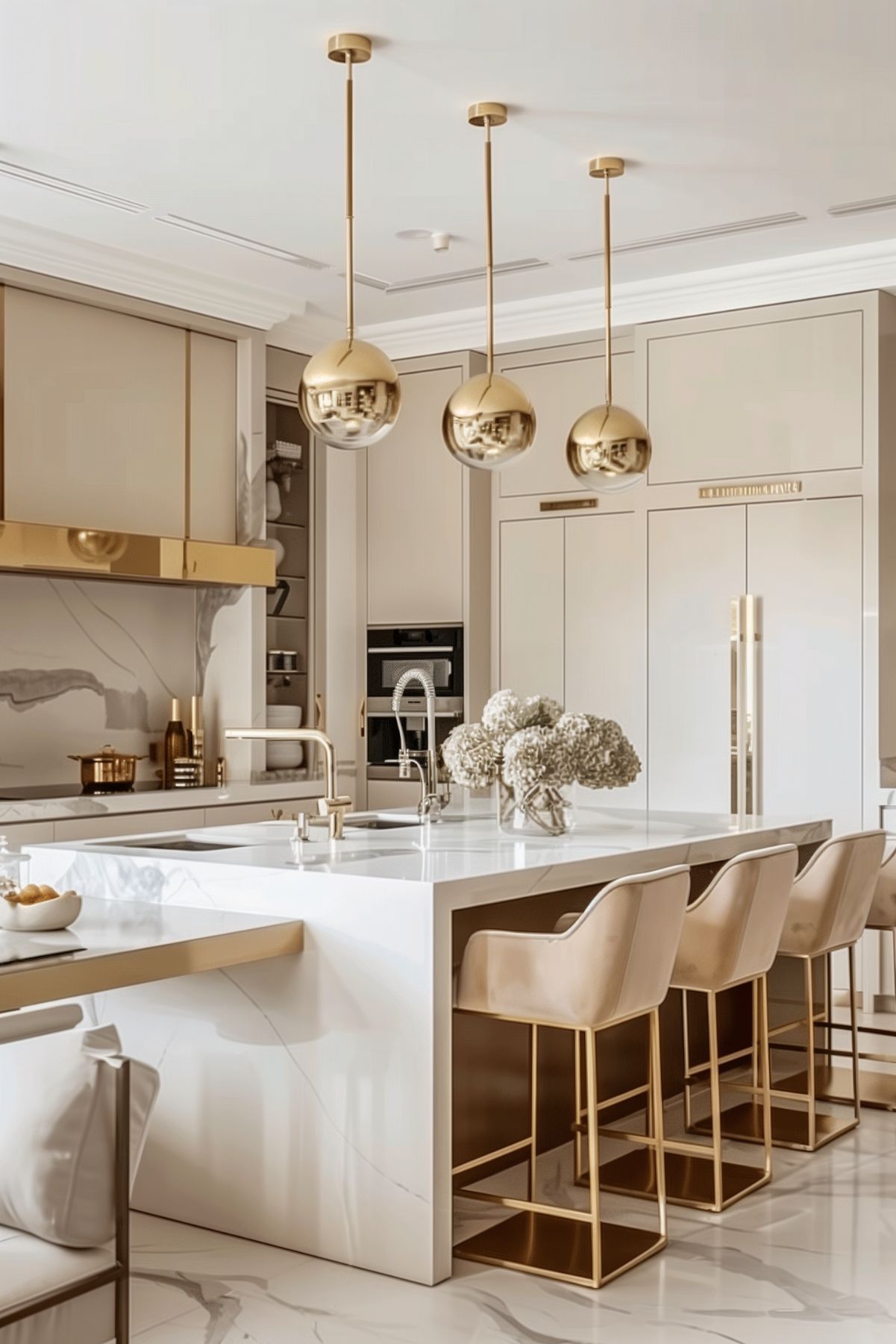 Elegant kitchen with white and brass island, globe brass pendant lights, and modern bar stools accented by brass appliances and marble details.