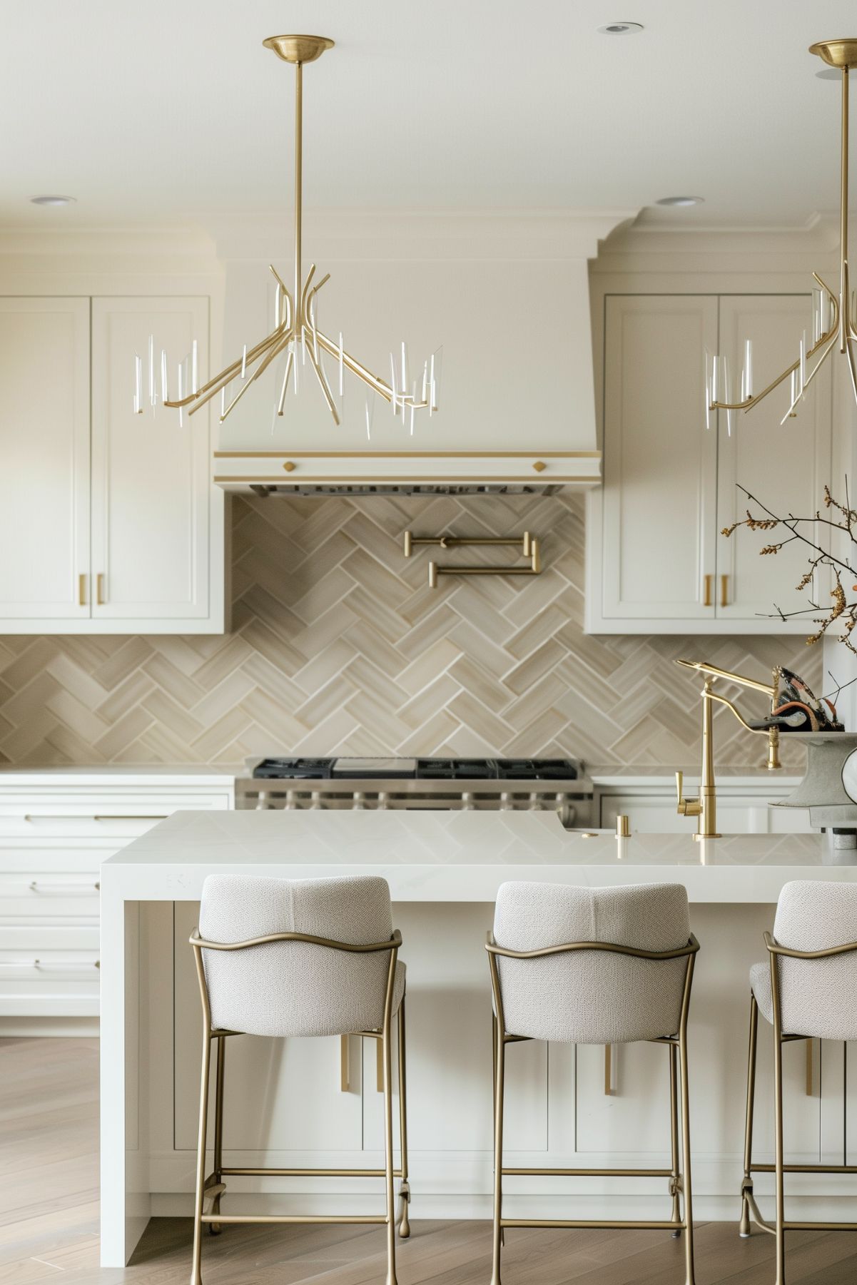 Modern kitchen with ivory cabinets, brass accents, herringbone tile backsplash, and brass pendant lighting over a white island.