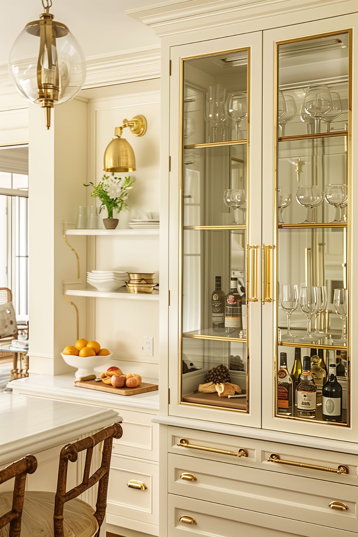 Stylish kitchen with ivory cabinetry, brass hardware, glass-front cabinets, brass sconces, and open shelving.