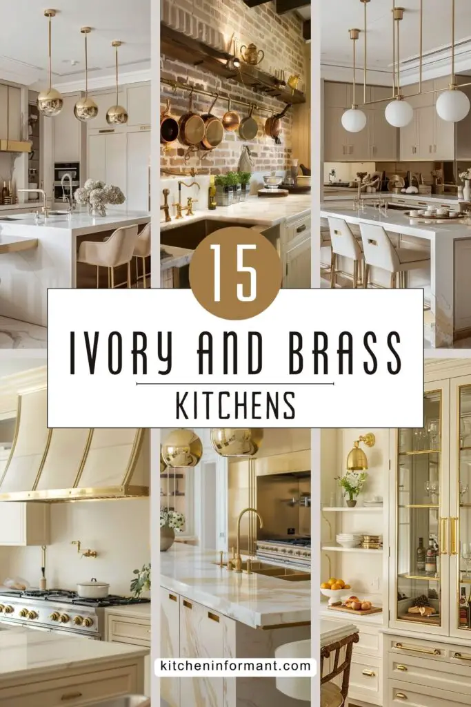 Collage showcasing elegant ivory and brass kitchen designs with brass accents, marble countertops, and sophisticated lighting.