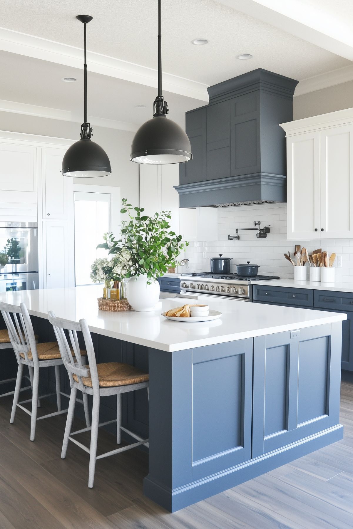 Sunlit kitchen featuring blue-gray cabinetry, white countertops, and black pendant lighting with wicker seating and lush greenery.