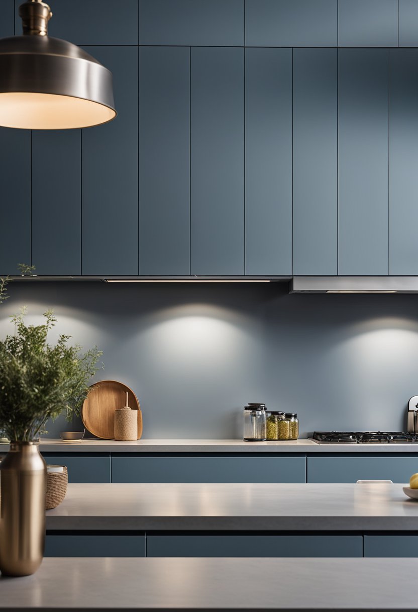 Warm overhead lighting accentuating the sleek lines of blue-gray kitchen cabinets.