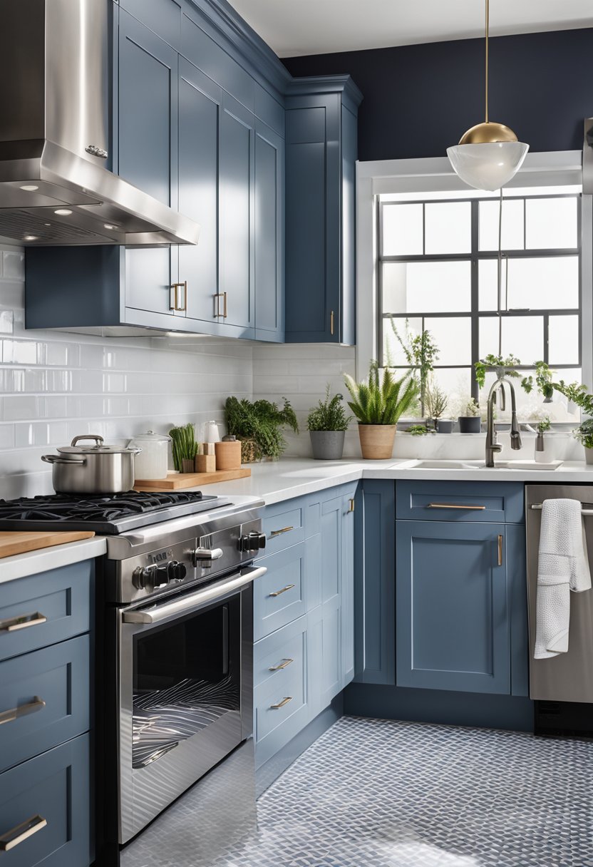Glossy blue-gray kitchen cabinets contrasted with white subway tiles and stainless steel appliances.