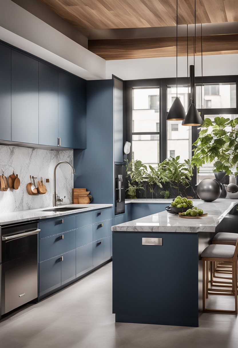 Sleek kitchen featuring blue-gray cabinets, white marble countertops, and stainless steel appliances illuminated by natural light.