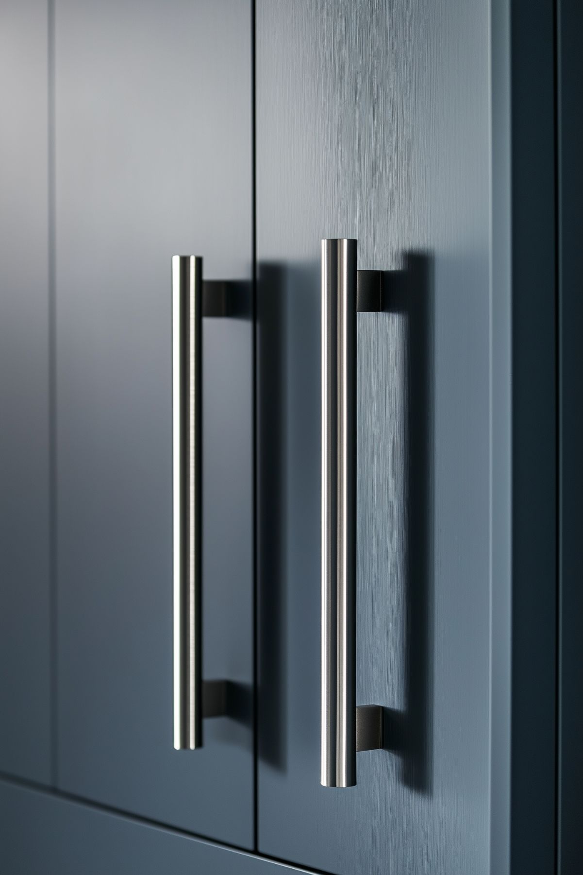 Close-up of sleek stainless steel cabinet handles on blue-gray kitchen cabinetry.