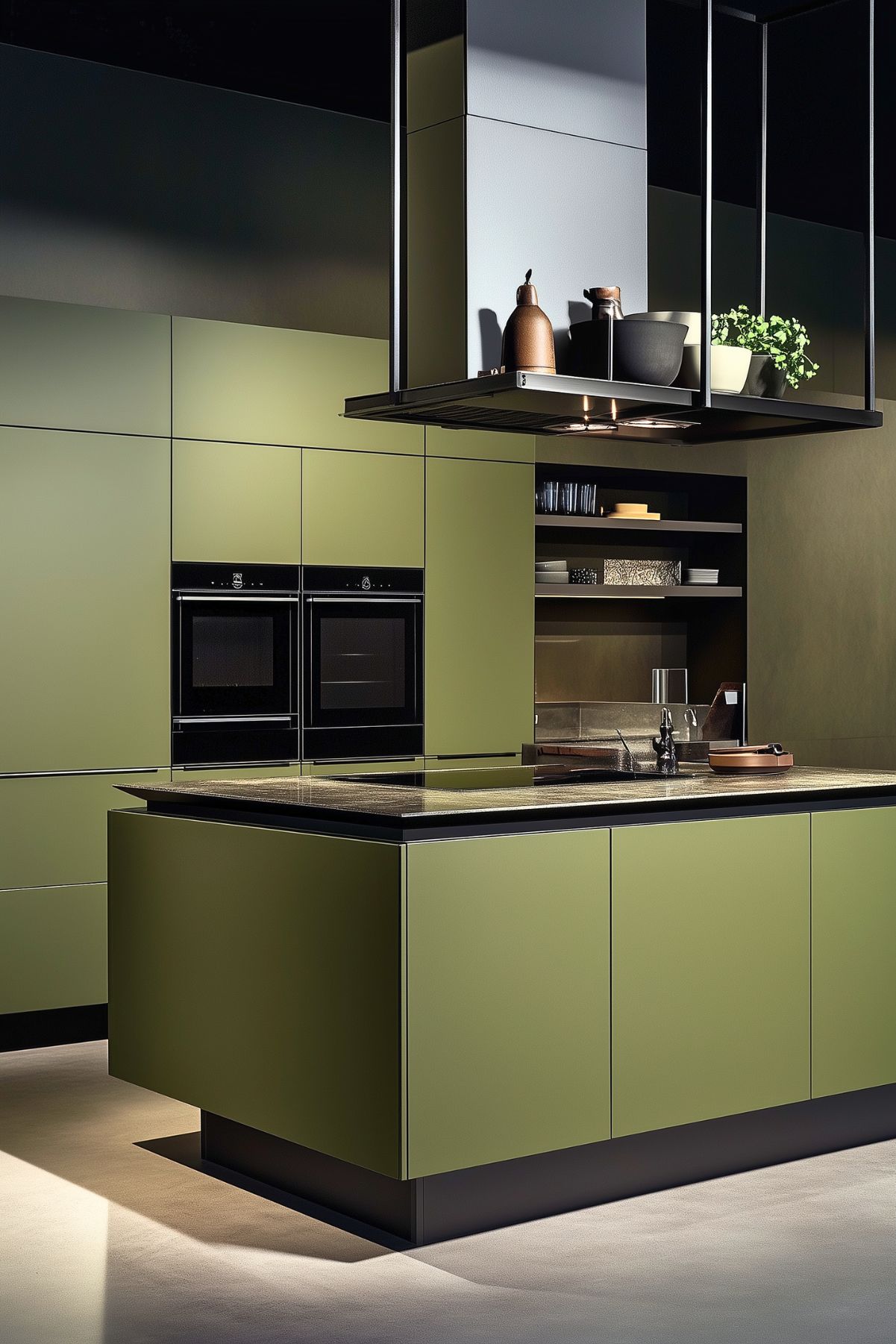 Minimalist kitchen showcasing sleek olive green cabinets, black hardware, and open shelving for a modern, clean look.