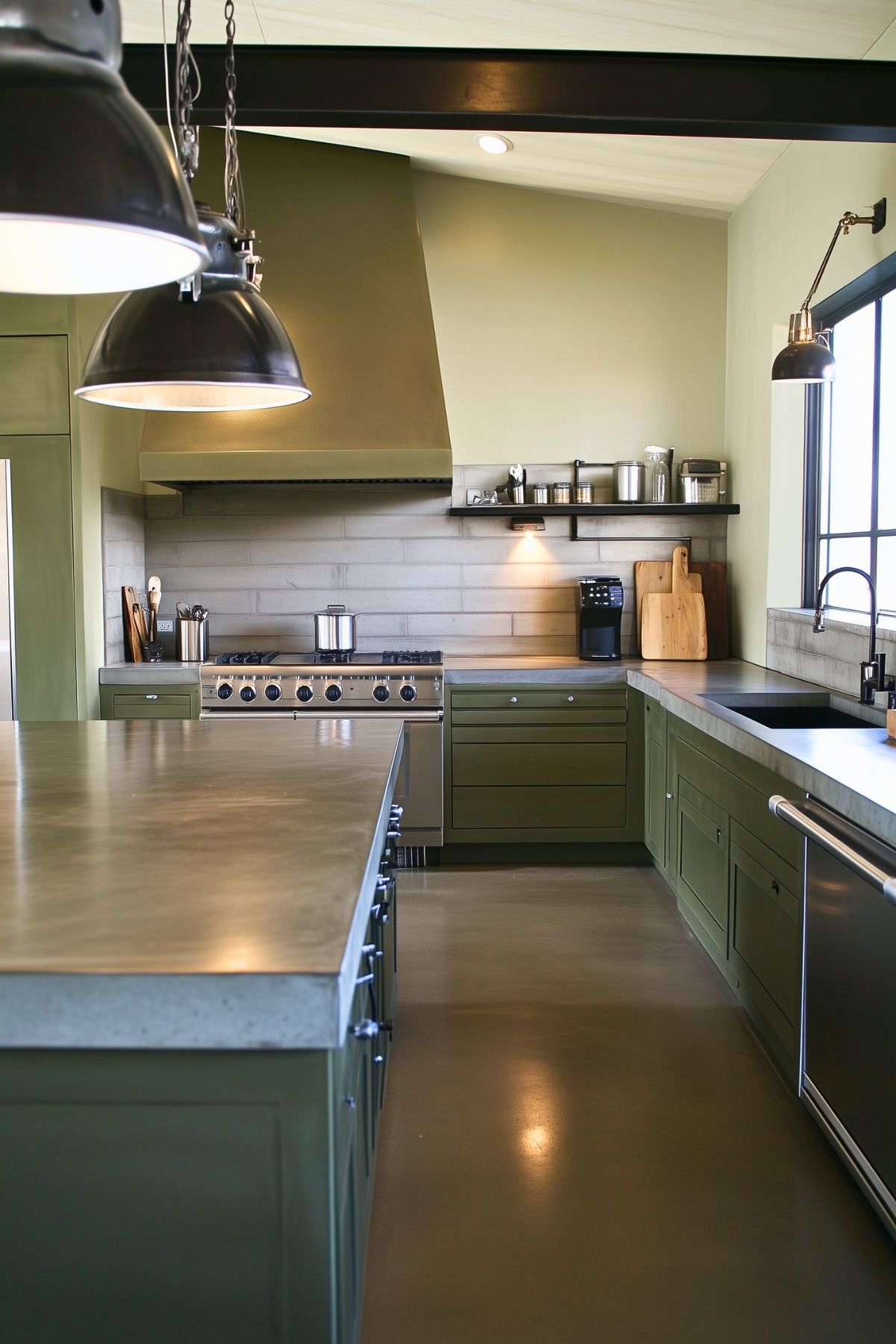 Industrial-style kitchen with olive green cabinets, concrete countertops, large range hood, and metal pendant lighting for a modern, utilitarian look.