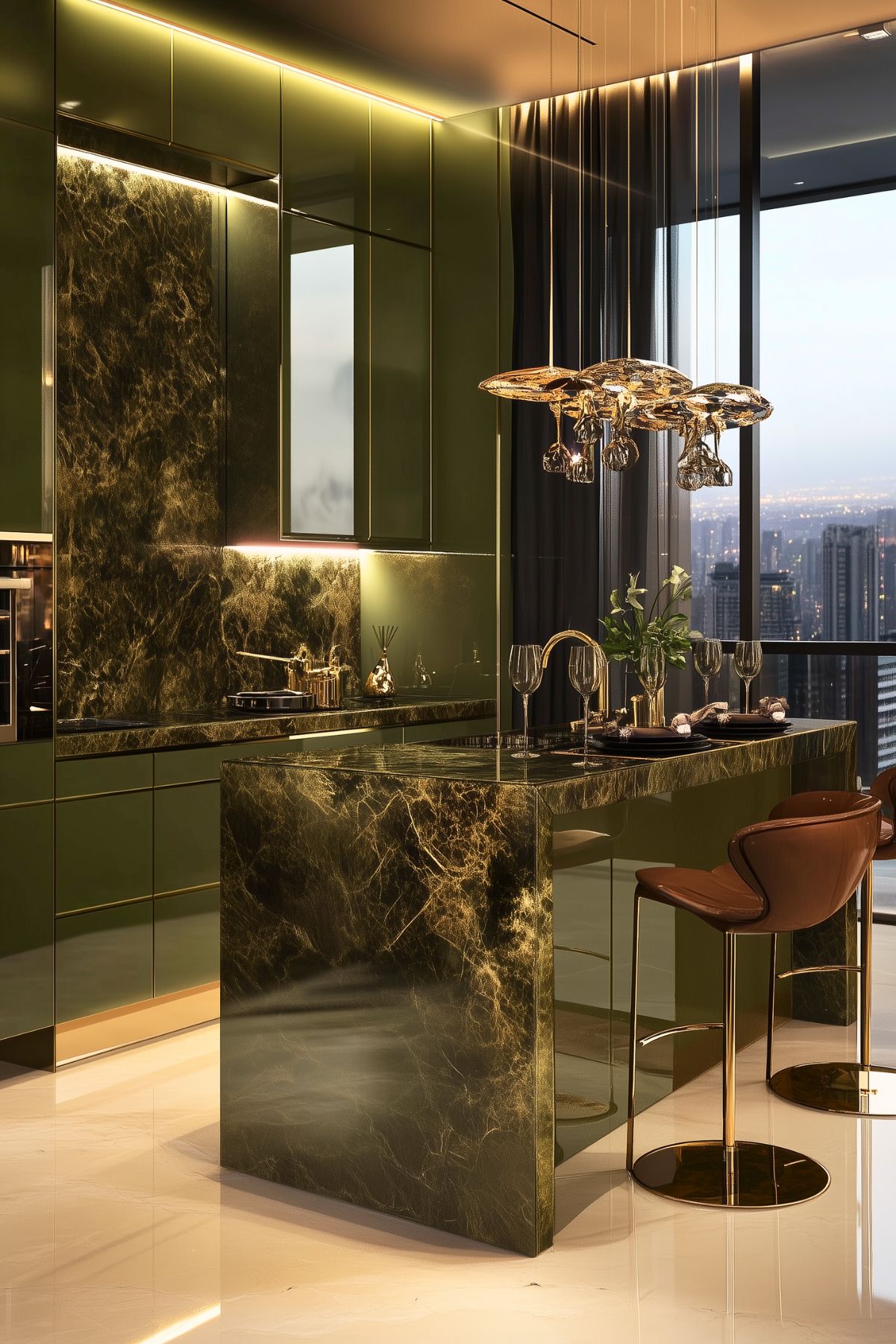 Luxurious kitchen with glossy olive green cabinets, dark marble island, gold accents, and panoramic city views, showcasing a sophisticated and modern design.