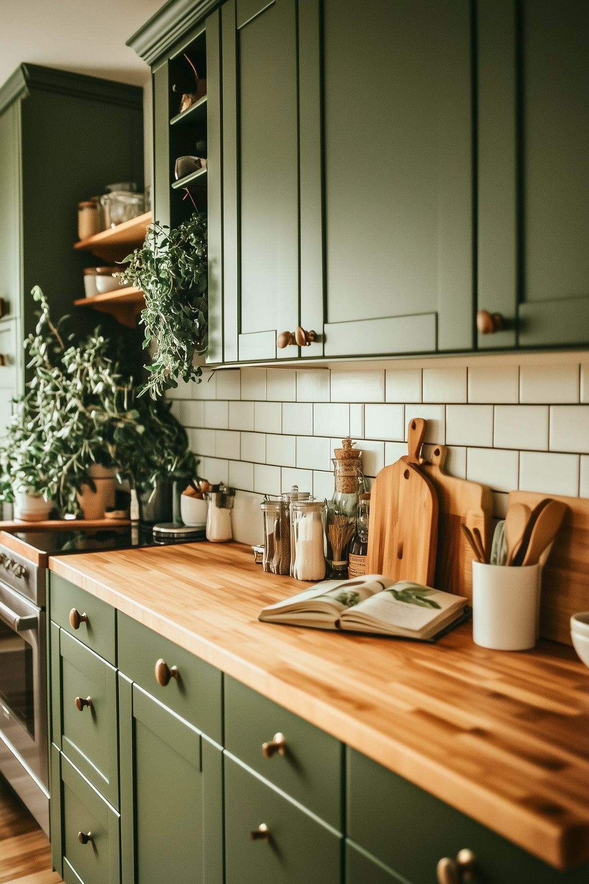 Warm kitchen featuring olive green cabinets, natural wood countertops, subway tile backsplash, and greenery for a rustic, inviting ambiance.