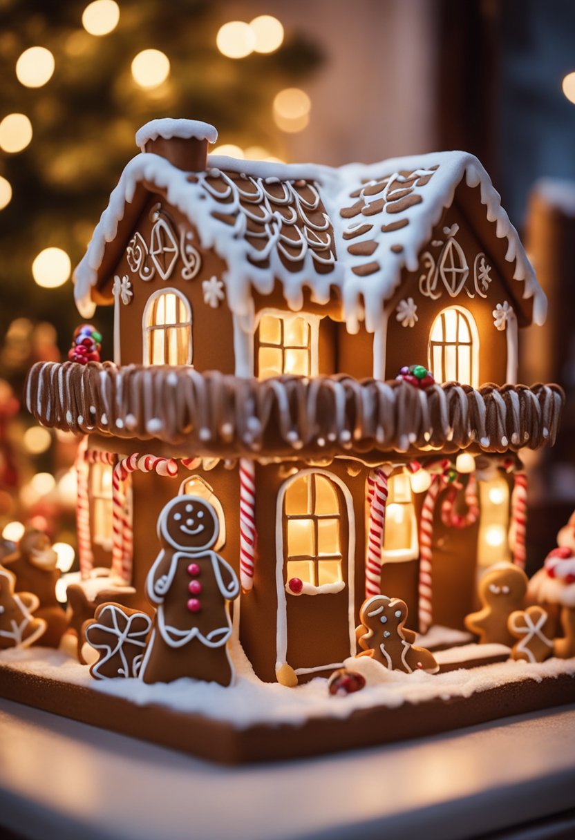 Cozy kitchen scene featuring a festive table with gingerbread houses, cookies, and candy canes. Warm light from the oven fills the room with a sweet aroma.