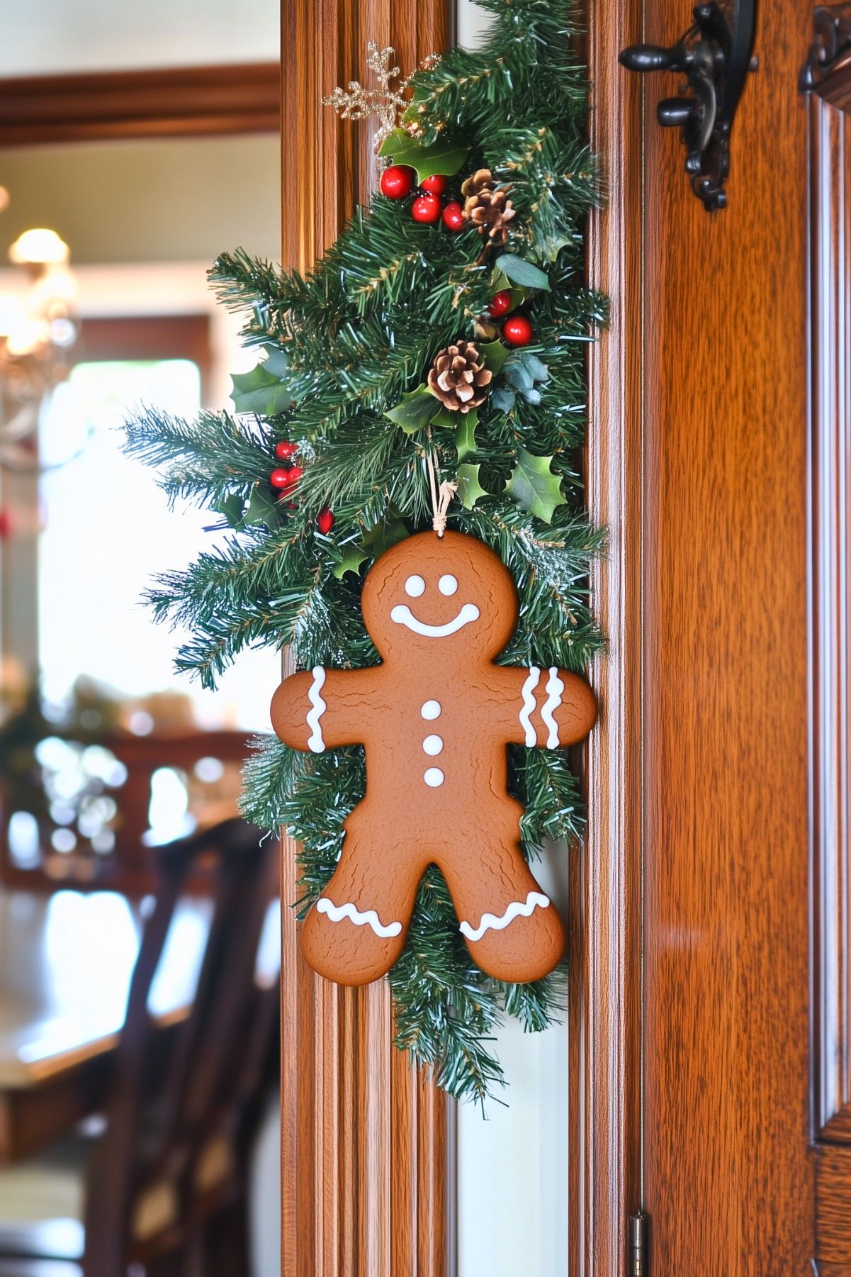 Festive gingerbread man ornament hanging on a door frame surrounded by pinecones, red berries, and greenery. Rustic holiday kitchen decor idea adding warmth and charm with gingerbread accents and natural Christmas elements.