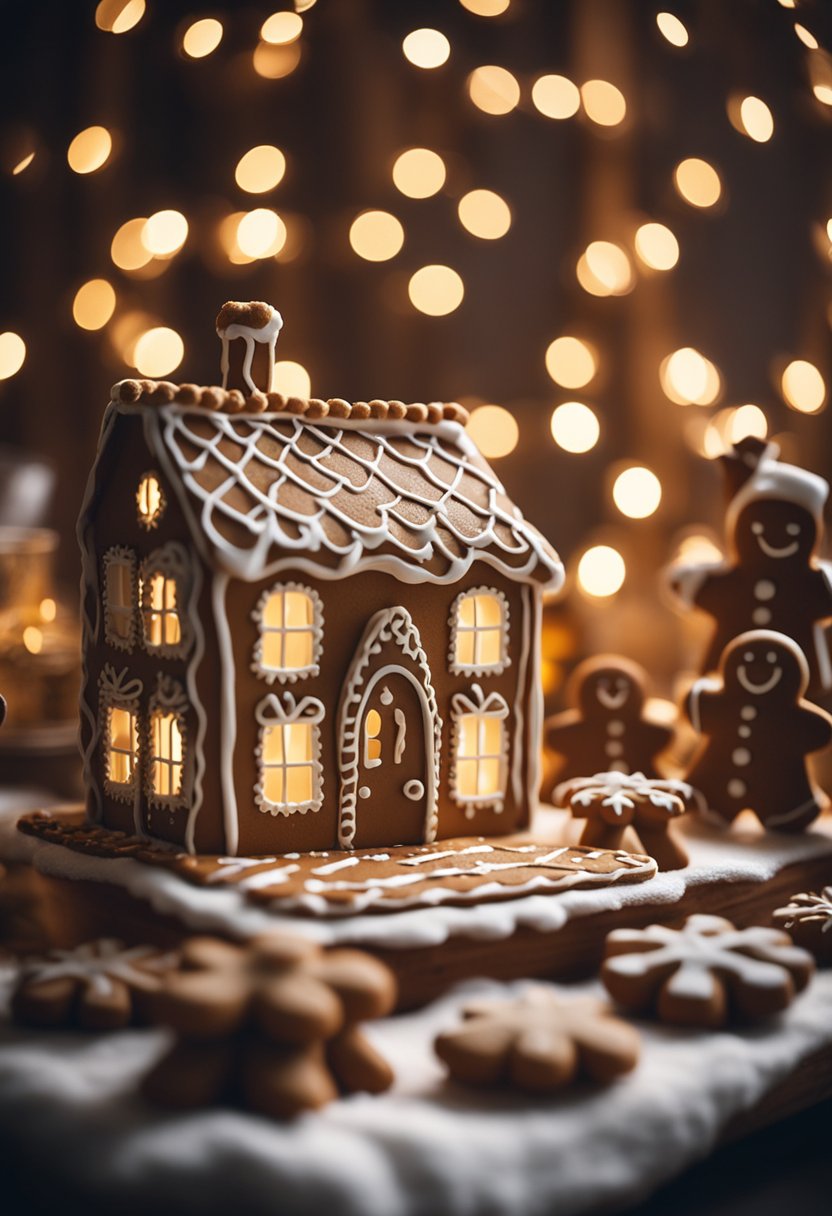 Cozy kitchen illuminated with warm lighting, gingerbread decorations, and a table set for cookie and gingerbread house decorating.