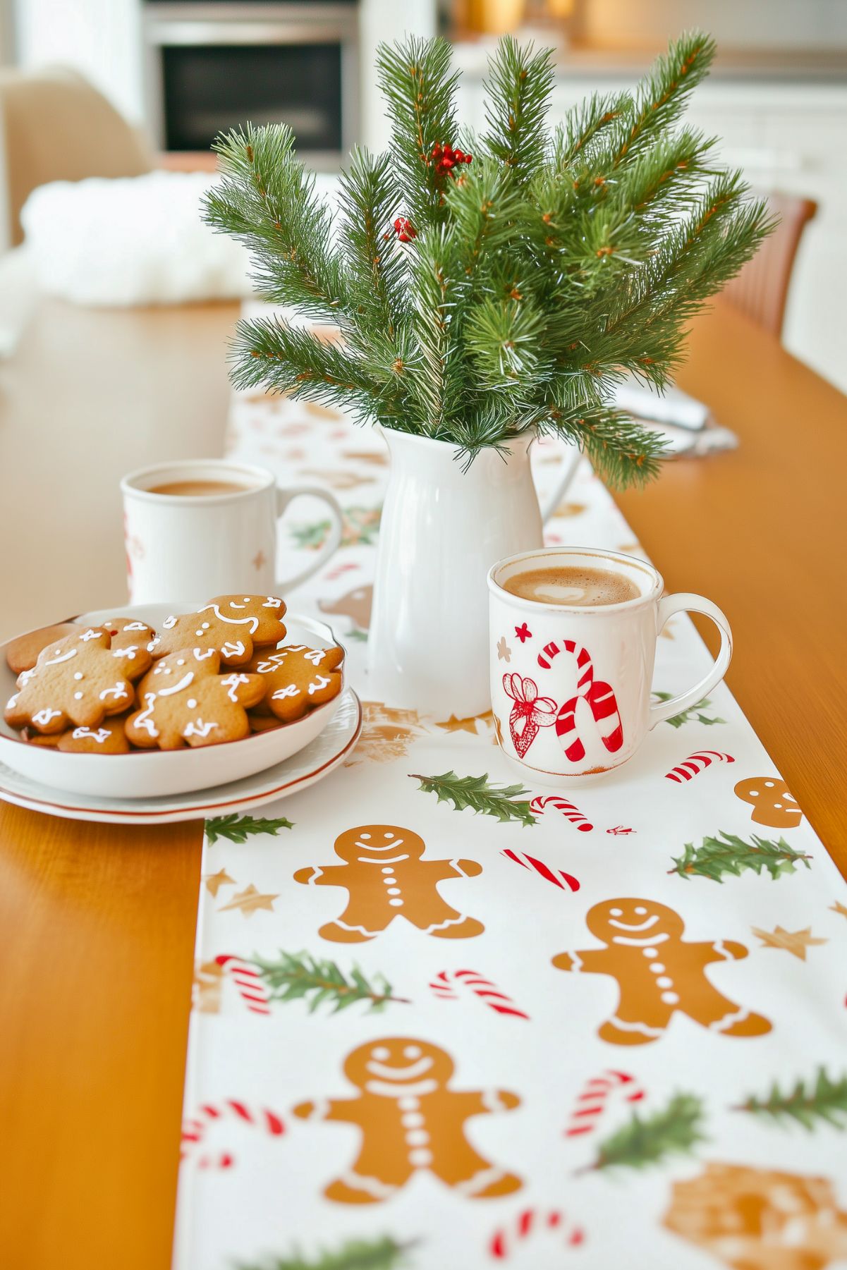 Holiday table setting with a runner featuring gingerbread men, candy canes, and holly, alongside mugs and decorated gingerbread cookies. Cozy Christmas kitchen decor.