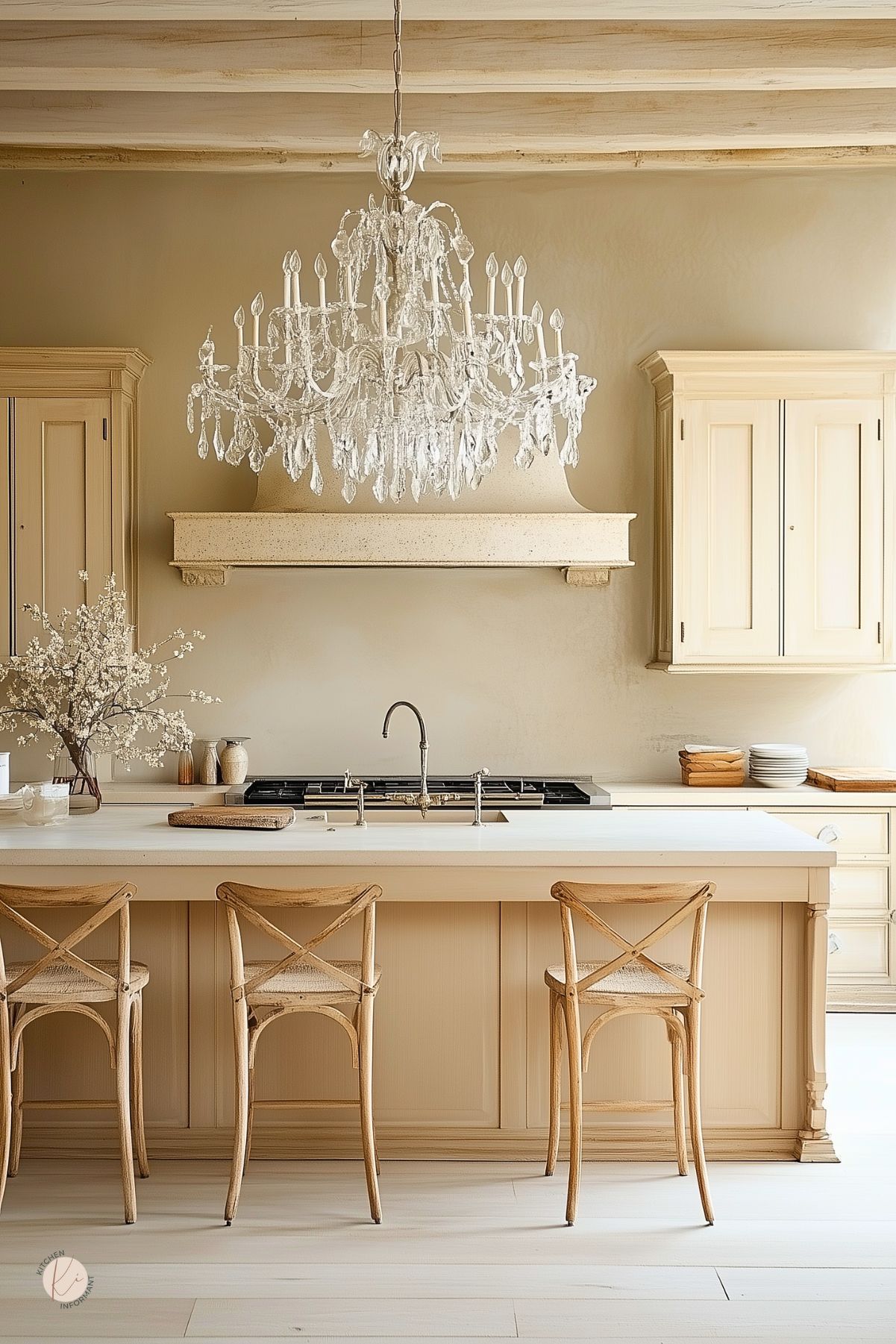 Elegant kitchen with a cream-toned island, wooden cross-back chairs, and a sparkling crystal chandelier. Light wood beams and neutral cabinetry enhance the soft, rustic charm of the space.