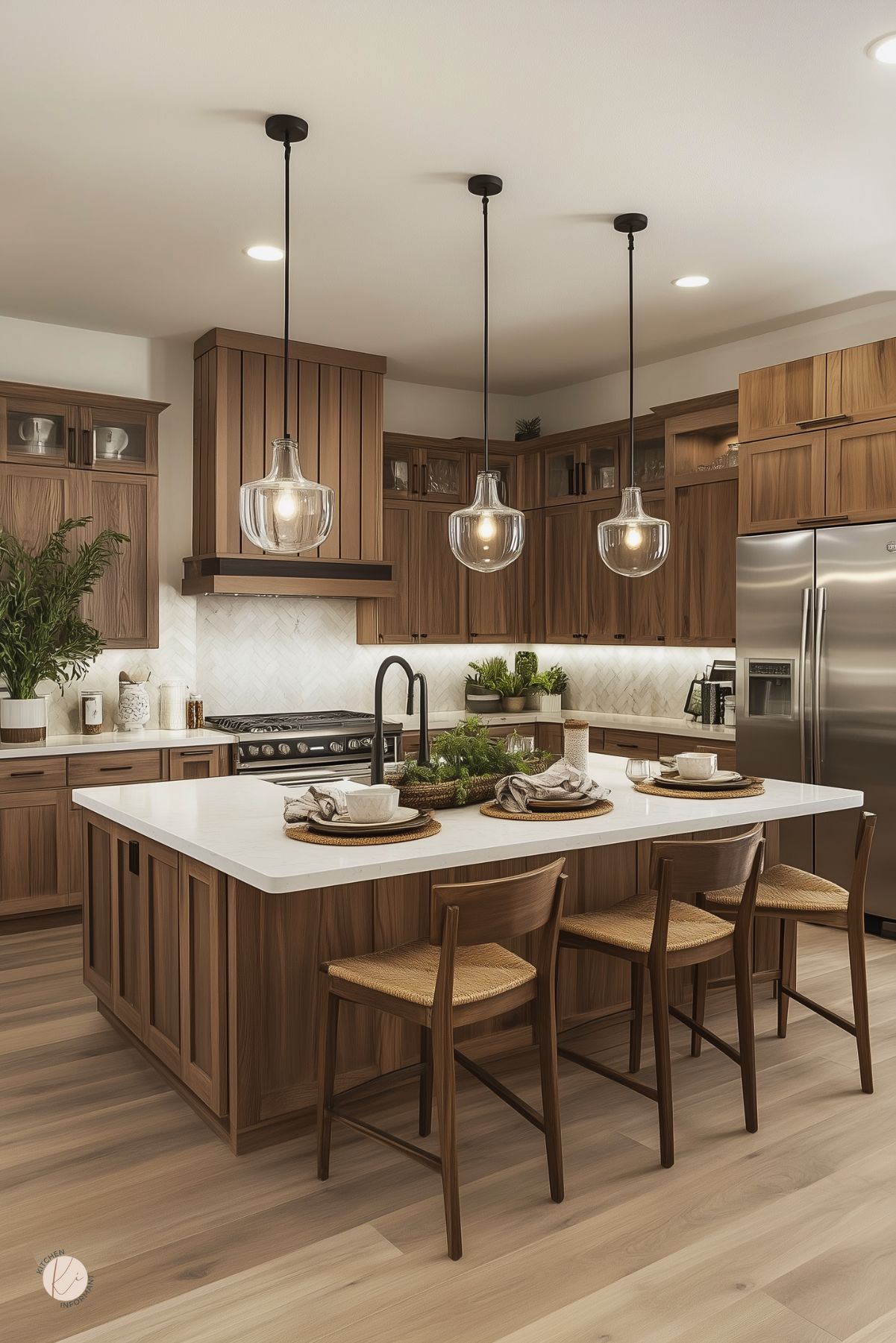 Warm kitchen with walnut cabinets, a white quartz island, and modern glass pendant lights. Natural wood barstools and greenery add a cozy, earthy touch to the space.