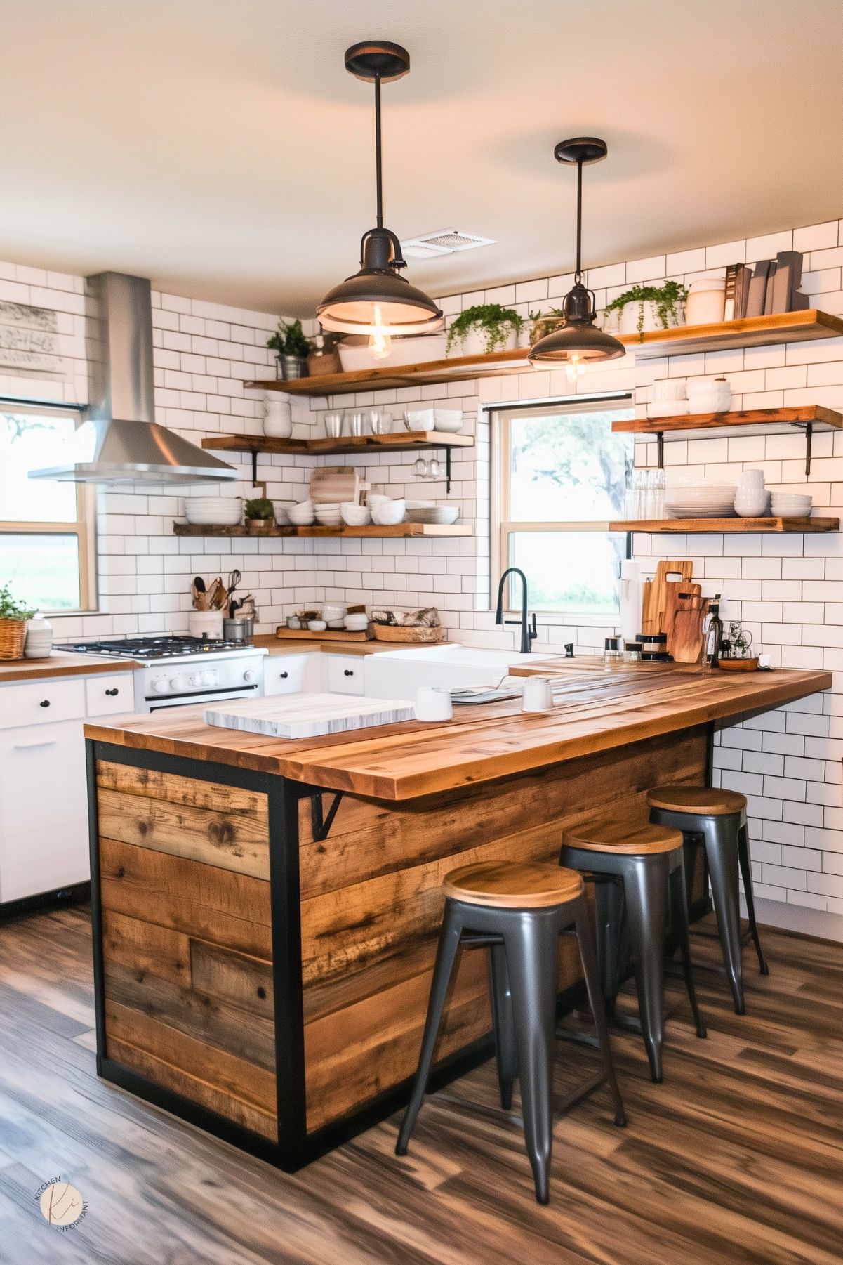 Rustic kitchen with a reclaimed wood island, metal stools, and open shelving. White subway tile backsplash, black fixtures, and industrial pendant lights add a modern farmhouse vibe.
