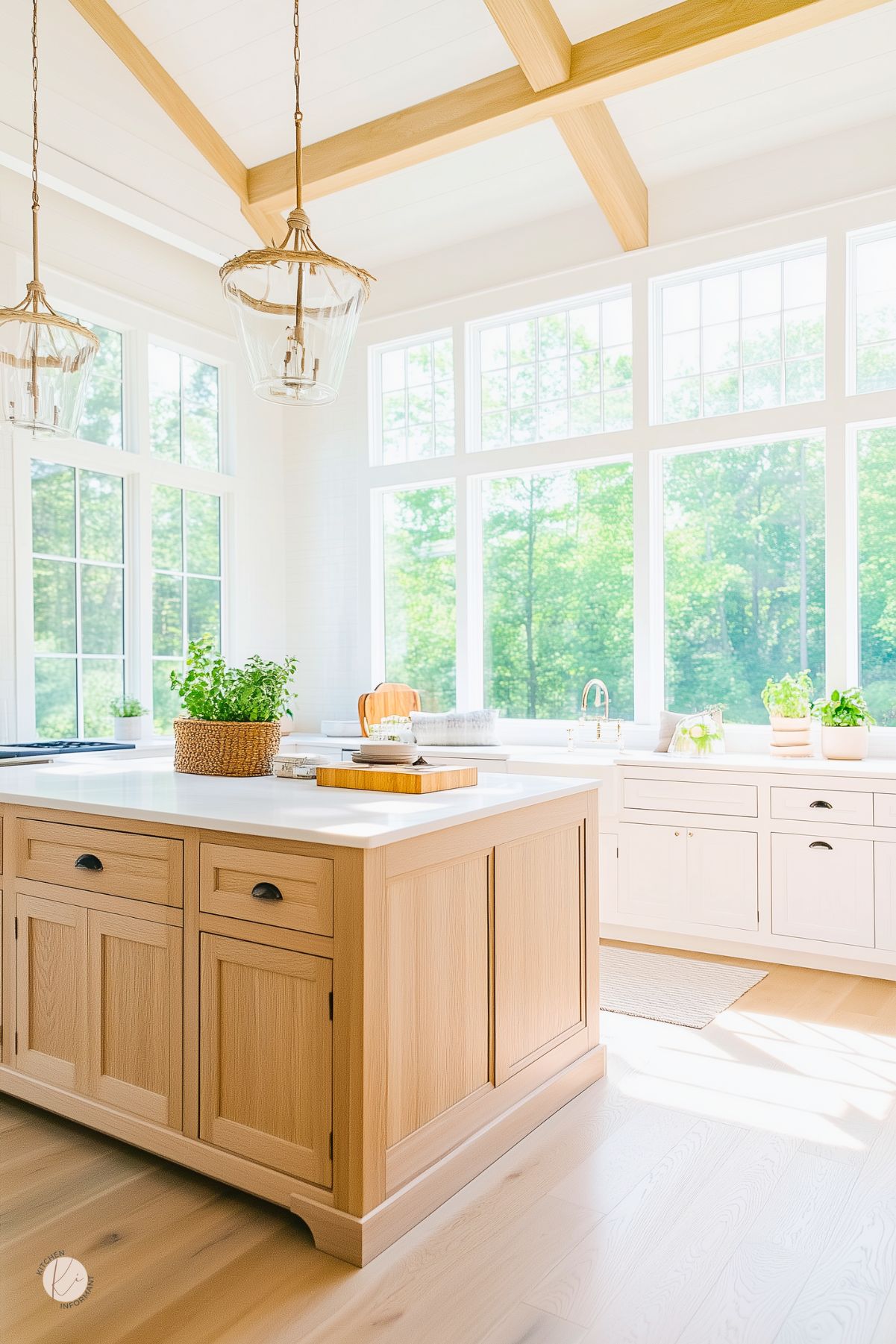 Bright kitchen with natural wood accents, a light oak island, and large windows flooding the space with sunlight. Glass pendant lights and potted greenery create a fresh, airy atmosphere.