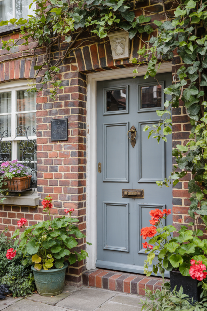 Muted Dusty Blue with red brick