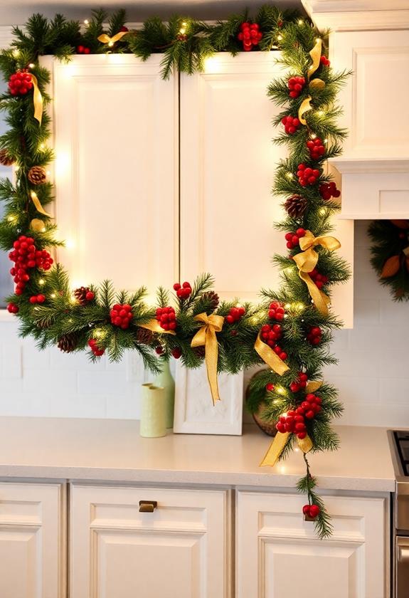 holiday garlands on kitchen cabinets