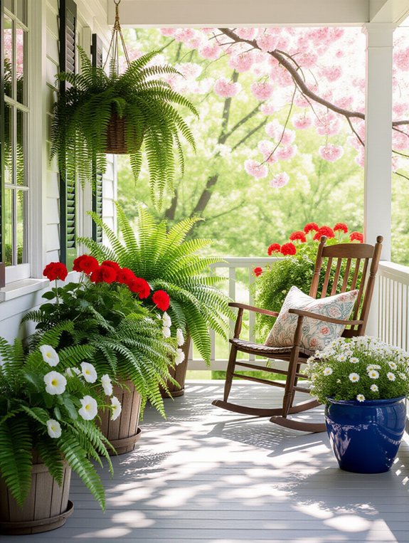 colorful potted plants on porch
