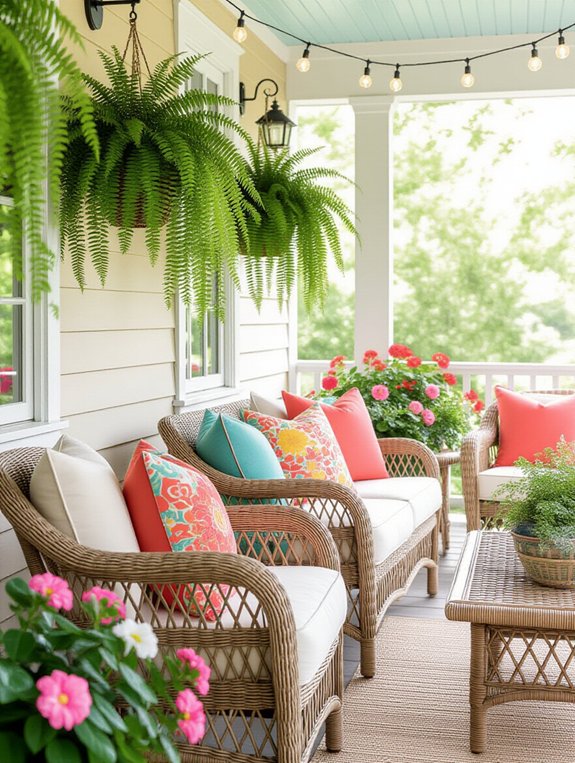 bright accent pillows on porch seating