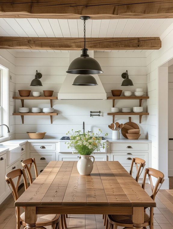 rustic farmhouse kitchen with wooden beams and cozy decor