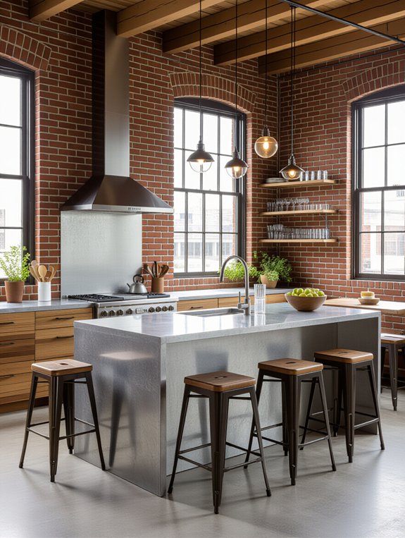 industrial kitchen with exposed brick and metal fixtures