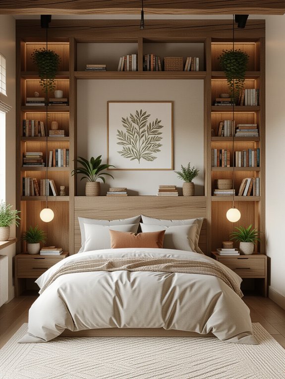bookshelf headboard storage solution