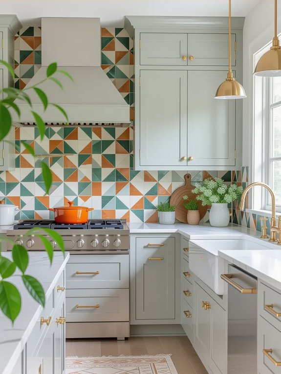 vibrant backsplash grey cabinets