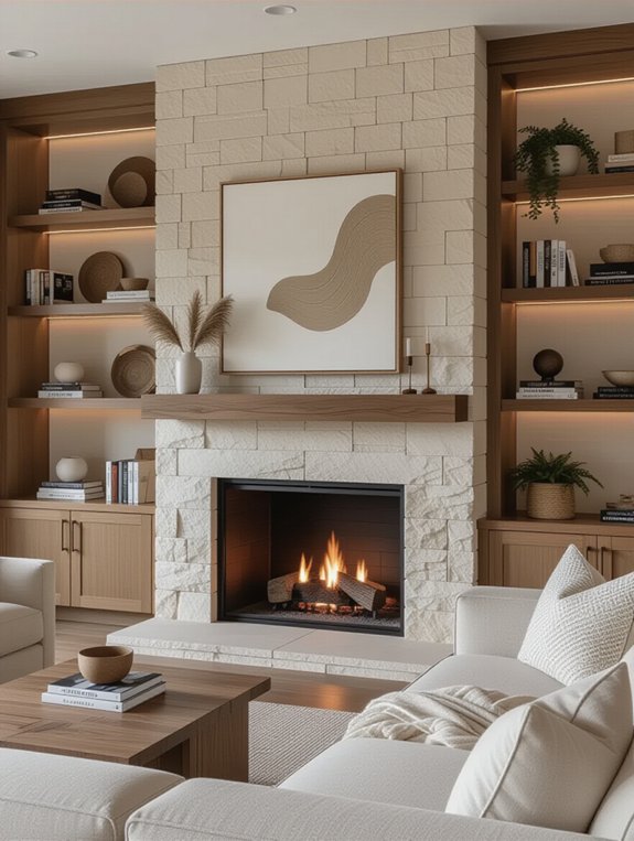 fireplace with built-in bookshelves
