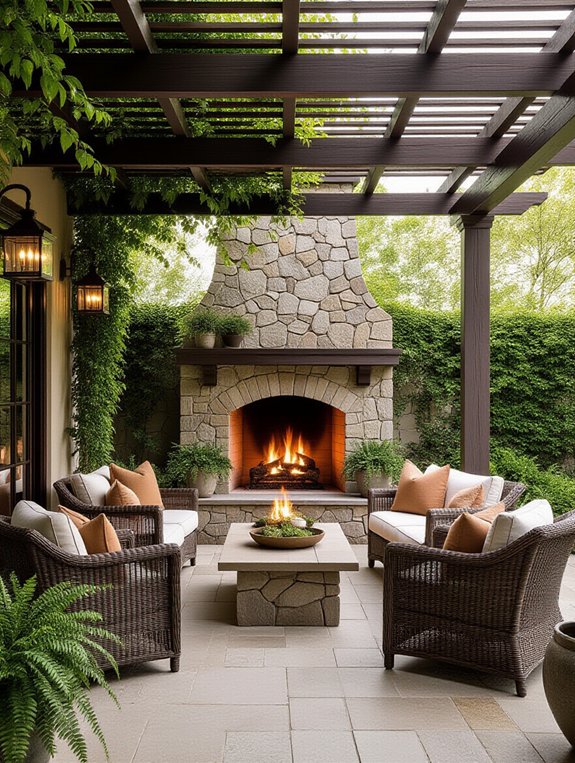 enclosed pergola with fireplace