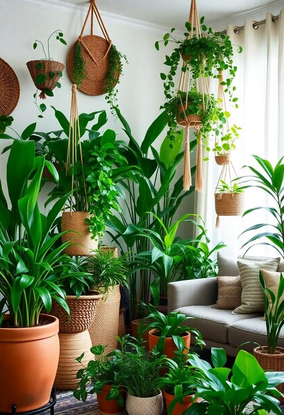 indoor plants in woven baskets