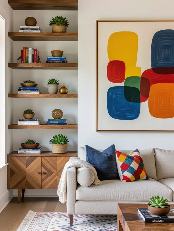 decorative shelving with books and collectibles